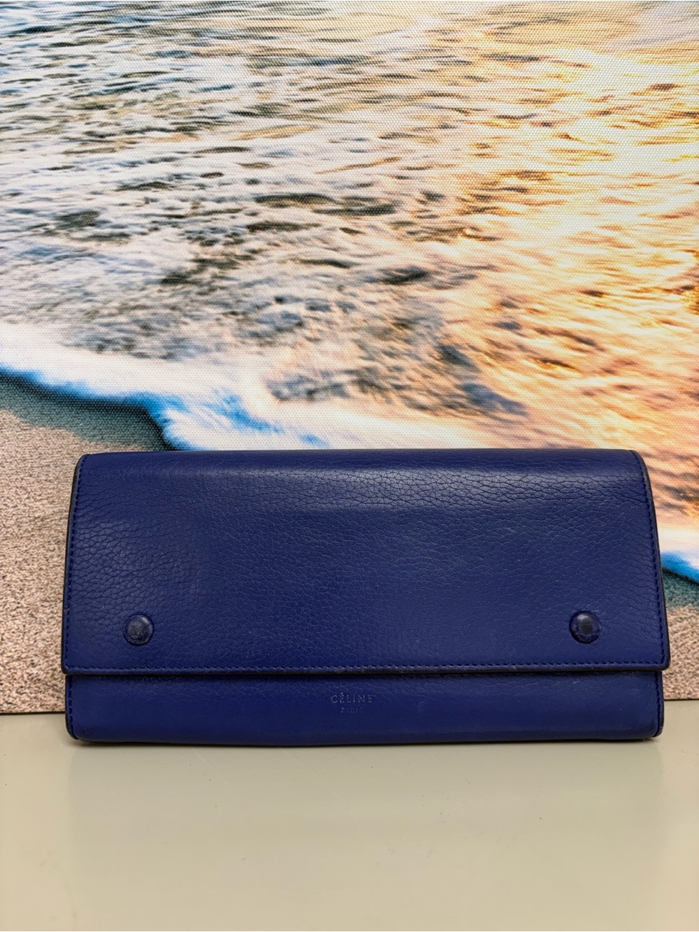 Celine Phoebe Philo Bi-Color Large Flap Multifunction Wallet Blue Taupe